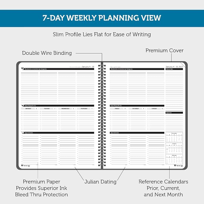 Planner Pad Spiral Bound January-December 2027/ Calender Year 8 1/2" x 11" Large 3-Tier Funnel Down 12 Month Organizer, Black Cover/Black Ink