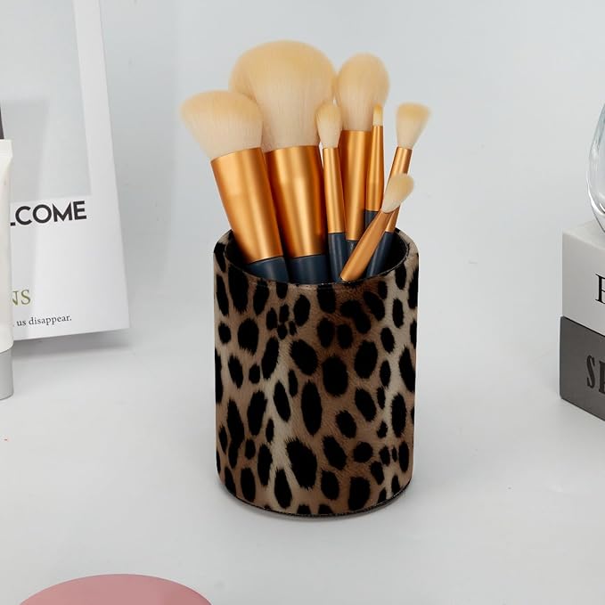 Leather Pen Holder for Desk, Leopard Print Makeup Brushes Holder Pencil Cup Multifunctional Desktop Organizer Caddy for Home School Office Desk Accessories