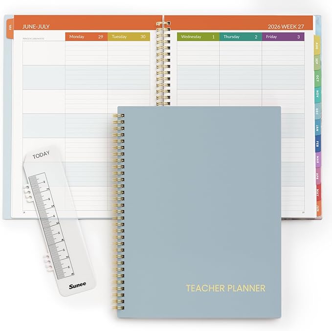 SUNEE Teacher Planner 2026-2027 Academic Year, 7 Periods Lesson Plan Book Jul 2026 - Jun 2027, 8.5"x11" Daily Weekly Monthly Organizers Vertical Layout with Calendars, Bookmark, Waterproof Cover, Blue