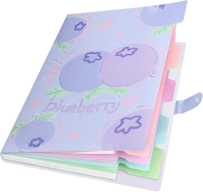 Cute Expanding File Folder Fruit Series - 5 Pockets Accordion Document Organizer, Waterproof Poly Plastic, A4/Letter Size for School Office Home (Blueberry)
