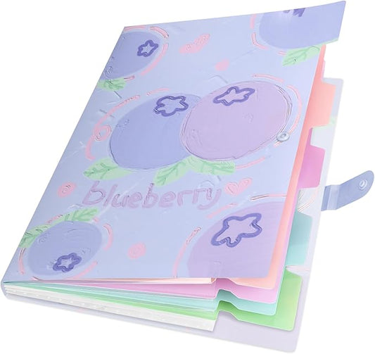 Cute Expanding File Folder Fruit Series - 5 Pockets Accordion Document Organizer, Waterproof Poly Plastic, A4/Letter Size for School Office Home (Blueberry)