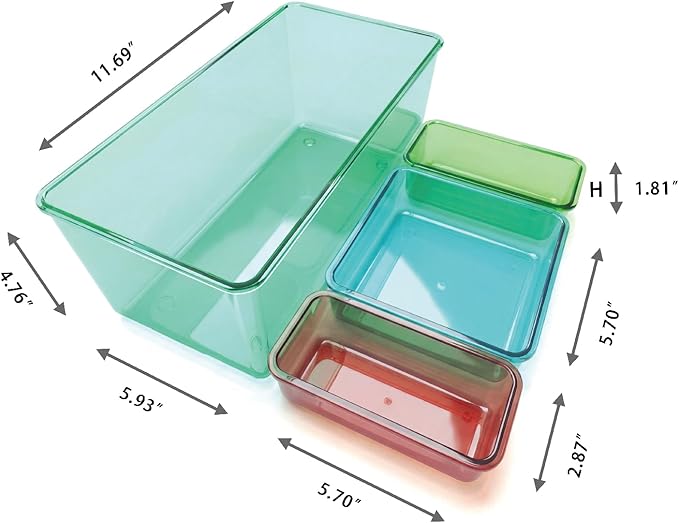 MOSSRIVER 4 Pack Clear Drawer Organizer Set, Plastic Desk Organizer Bin with Lid & Trays, Colorful Storage Box with Removable Trays for Cosmetics, Jewelry, Bedroom, Bathroom, Office, Combo 05