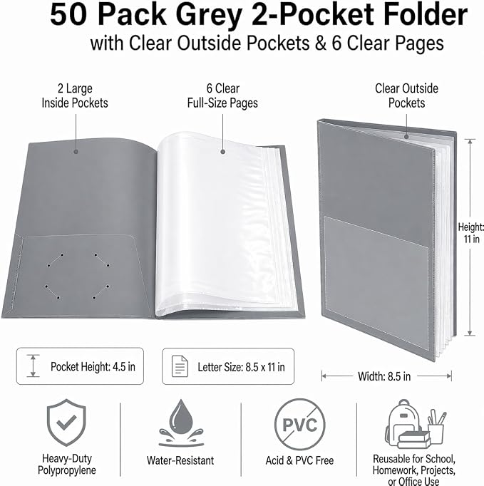 Ultra PRO - 50 Pack Grey Heavy Duty 2-Pocket Folders with 6 Clear Internal Pages, Waterproof Poly Project Organizer for School and Office, Fits 8.5 x 11 Letter Size, Customizable Clear Covers