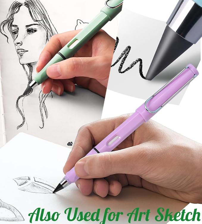 FLTON 36 Pcs Portable Erasable Inkless Pencil Set(12 Pcs Everlasting Pencils with Eraser+24 Pcs Replaceable Nibs) for Writing and Art Sketch
