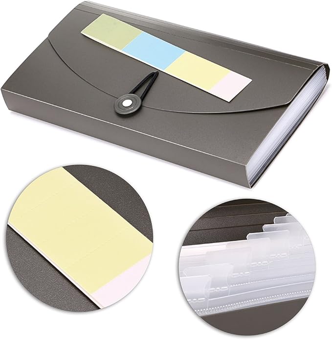 BTSKY 13 Pockets Expanding Check Bill File Folder-Hand-held Small Accordion File Folder Expandable Card Ticket Holder Plastic Business Document Organizer Wallet Case New Grey