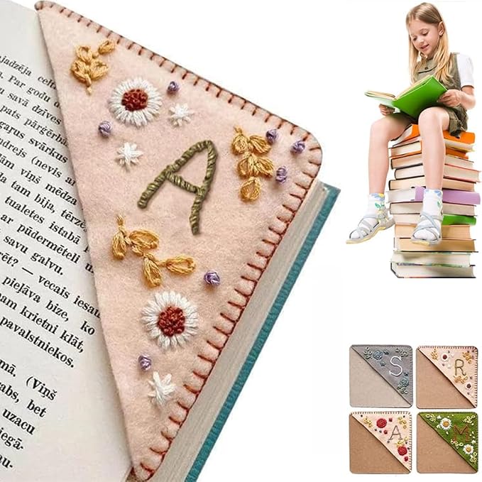 Personalized Hand Embroidered Corner Bookmark, 26 Letters Cute Flower Embroidered Corner Bookmark Embroidery Book Marker Clip for Book Lovers Bookmarks for Reading Lovers Meaningful GIF (Spring, A)