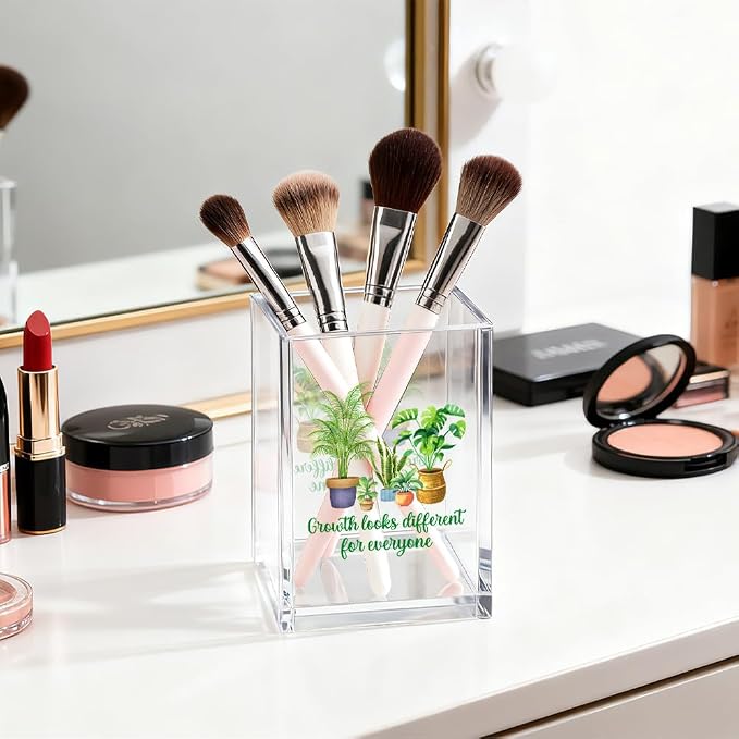 Growth Looks Different for Everyone Acrylic Pen Holder Cosmetic Organizer, Funny Potted Pencil Holders for Desk, Desk Accessories Office Gifts for Special Education Teacher Plant Lover Therapy