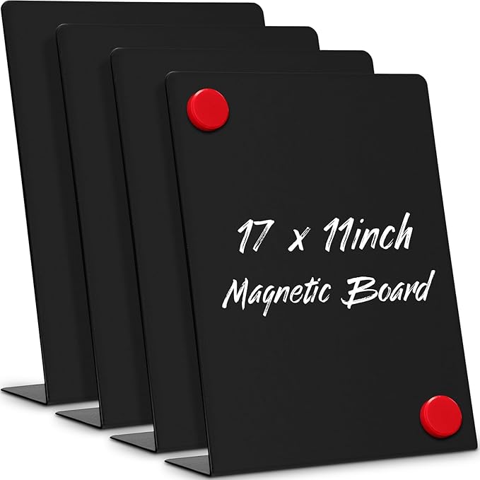 Fainne 4 Pcs Magnetic Bulletin Board with Easel Stand Mini Black Magnet Metal Tabletop Memo Display Board for Back to School Menu Table Office Supplies (17 x 11 Inches)