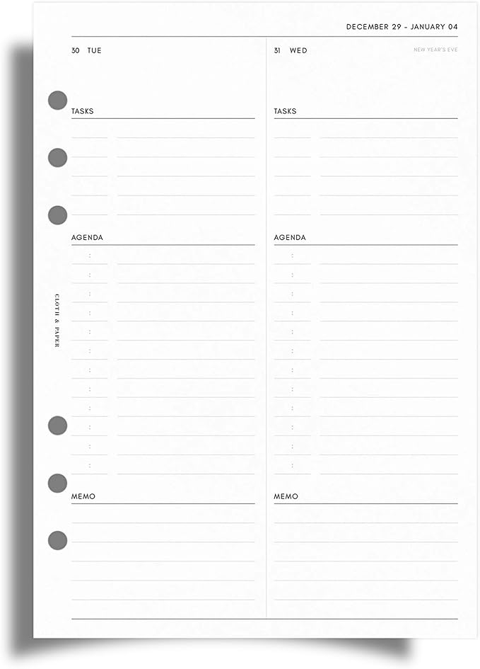 Cloth & Paper 2026 Dated Daily Planner Inserts - Monday Start | A5 Size 5.8 x 8.3 Inches | 6 Ring Planner Refills | 2 Days Per Page | Minimalist Daily Organizer Pages | Heavyweight Paper