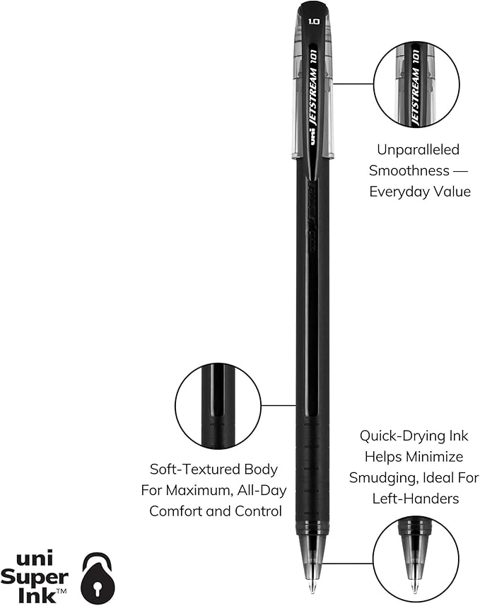 uniball Jetstream 101 Roller Ball Pen, Stick, Bold 1 Mm, Black Ink, Black Barrel (Pack of 144)