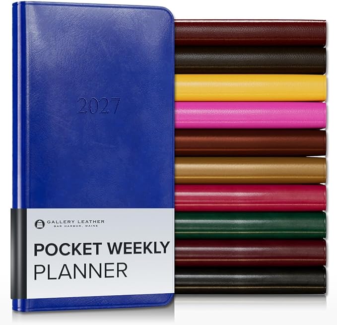 Gallery Leather Pocket Weekly Monthly Planner 2027, Elegantly Bound Calendar Planner and Notebook with Stylish Gold-Gilded Page Edges, 12 Months - Acadia Malibu - 6x3.25"