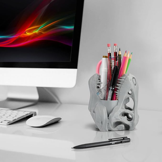 Cool Dinosaur Pen Holder, Dinosaur Skull Figurine Pencil Holder for Office Desk Decor, Funny Easter Gifts for Men and Boys, Grey T-Rex Desktop Organizer