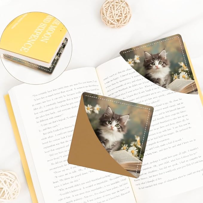 2PCS PU Leather Bookmarks 3.5x3.5 Inch Kitten Floral Book Design | PU leather bookmarks with kitten floral book design for novels, diary pages reading notes students, cat lovers and book fans.