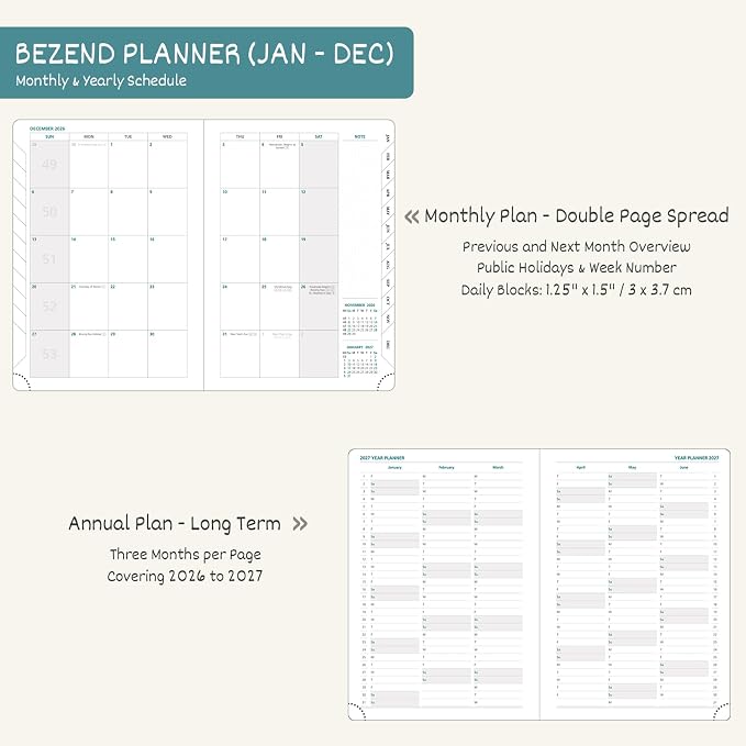 BEZEND 2026 Planner Weekly and Monthly (6" x 8.5") Daily Calendar with Hourly Timeslots & Tabs (Jan-Dec) Note & Expenses, Pen Holder, Inner Pocket, Vegan Leather Hardcover - Turquoise