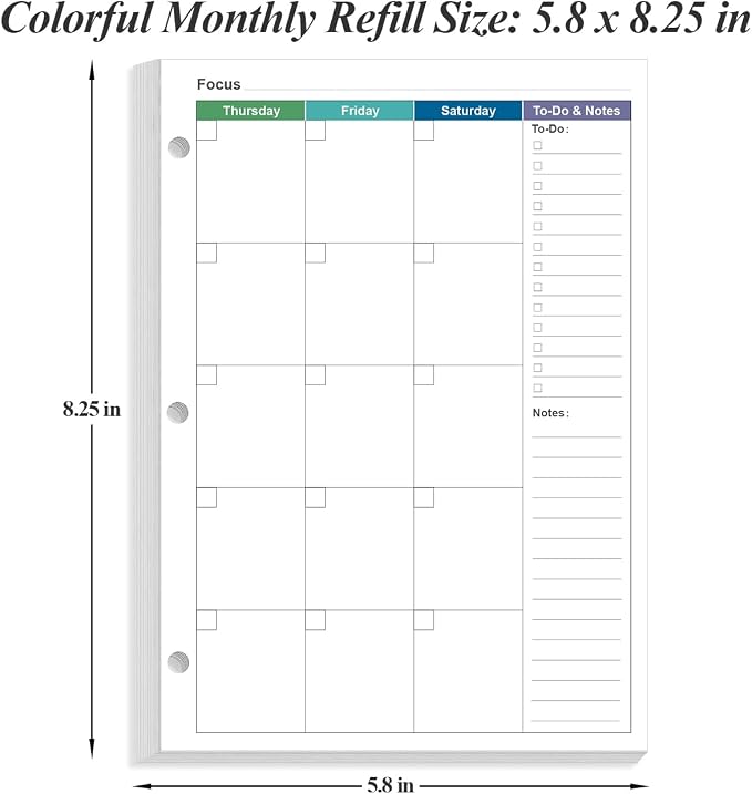 Half Letter Size Monthly Planner Refills for 3 Ring Mini Binders - 53 Sheets/106 Pages Undated Colorful Monthly Planner, 3-Hole Punched, 100 gsm White Paper, Lasts 2 Year, Undated, 5.8" x 8.3"