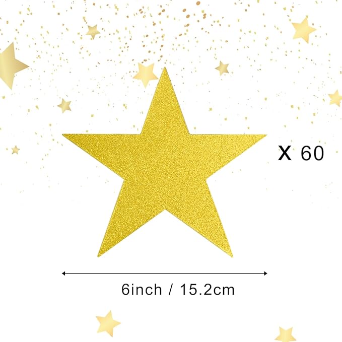 60 Pcs Glitter Star Cutouts - Double Printed Paper Stars, 6 Inch, Wedding Party & Classroom Decoration Supply (Gold)