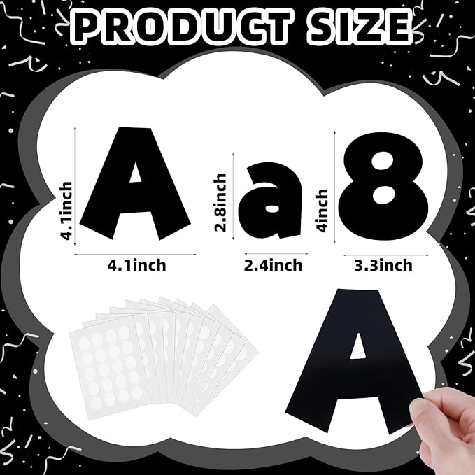 249 Pcs Bulletin Board Letters Set, 4 Inch Colorful Alphabet Numbers & Punctuation Cutouts with Adhesive Dots for Classroom Wall & School Decor (Black)