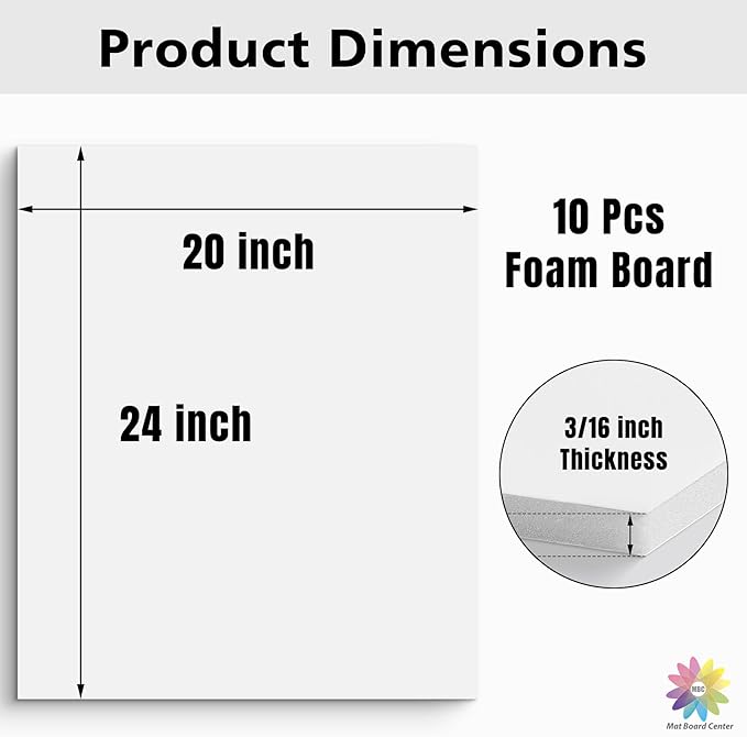 Mat Board Center Premium White Foam Core Board - 20x24 Inches, 3/16" Thick - 10 Pack, Acid-Free - Ideal for Mounting, Crafts, Art, and Presentations