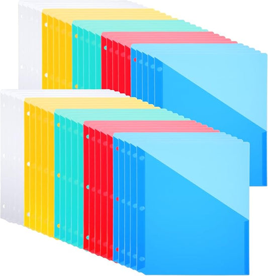 50 Pack Binder Pockets 3 Hole Punch Clear Plastic Document Folders Binder Organizer Store Letter Size 9.25 x 11.25 Inch Paper Plastic Folders with Pockets Slash File Jacket for Office (5 Colors)
