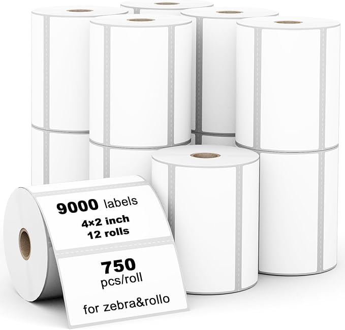 (9,000 Labels/12 Rolls) Labelebal 3-Proof 1" Core 12 Rolls 4" x 2" Inch Direct Thermal Labels, Address Shipping Labels Compatible with Rollo & Zebra Desktop Printers Adhesive