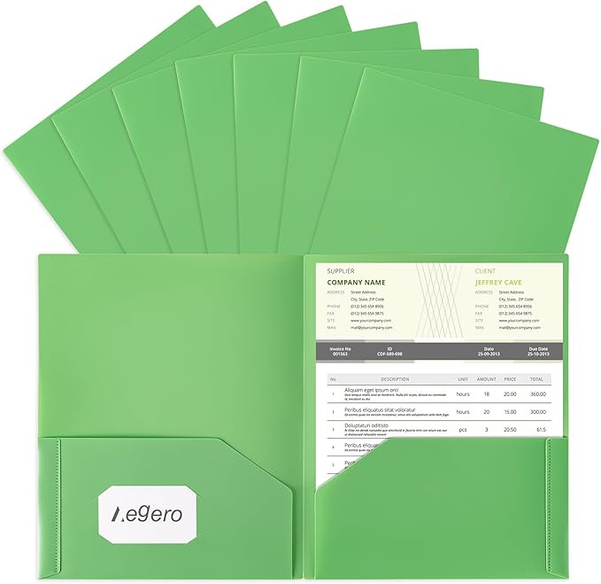 Aegero Plastic Folders with Pockets (7 Pack, Green), Durable Heavy Duty File Folders with Business Card Slot, 2-Pocket Folder for Schoolwork & Office,Letter Size