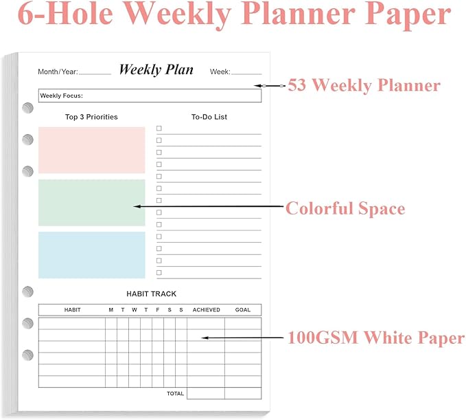 Weekly Planner Refills for A5 Binders - 53 Sheets/106 Pages Undated Colorful Weekly Planner, 6-Hole Punched, 100 gsm White Paper, Lasts 1 Year, Undated, 5.8" x 8.3"