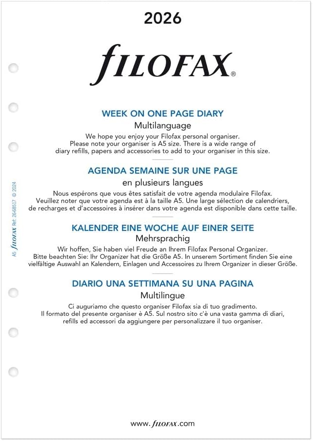 Filofax Calendar Diary Refill, A5 Size, Week on One Page, White Paper, Unruled, Multilingual: Four Languages, 2026 (C68517-26)