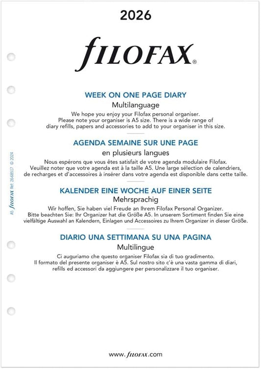 Filofax Calendar Diary Refill, A5 Size, Week on One Page, White Paper, Unruled, Multilingual: Four Languages, 2026 (C68517-26)