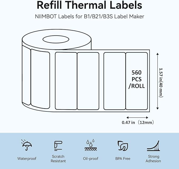 NIIMBOT Labels for B1/B21/B3S/K3 Label Maker, (3 Rolls, 1.57'' x 0.47'' / 40x12mm) Thermal Sticker Label, Waterproof, Oil-Proof and Tear-Proof, Self-Adhesive Thermal Labels (White)