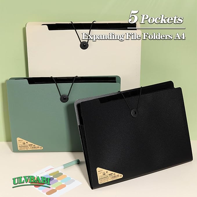 A4 Expanding File Folder, 3 Pack File Organiser, 5 Pockets Document Organiser, Portable Filing Folders for Paperwork for Home Office School (3 Color, A4, 5)