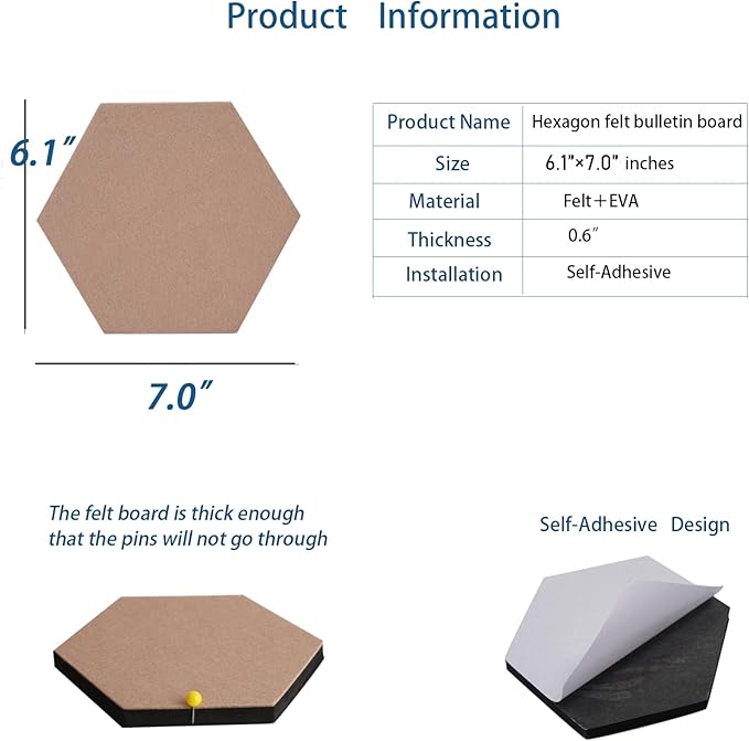 10Pcs Self Adhesive Felt Board Tiles Hexagon Bulletin Board for Walls, Felt Cork Pin Board for Pictures Photos Memos with Push Pins (Color D)