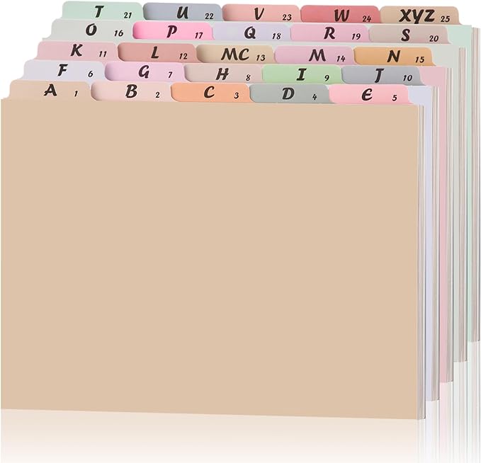1 Set 25 Pack Alphabet File Dividers Letter Size, 1/5 Cut Tab A-z File Guides Number Folder Organizer for Filing Cabinet and Desk Home Office School(Classic Color)