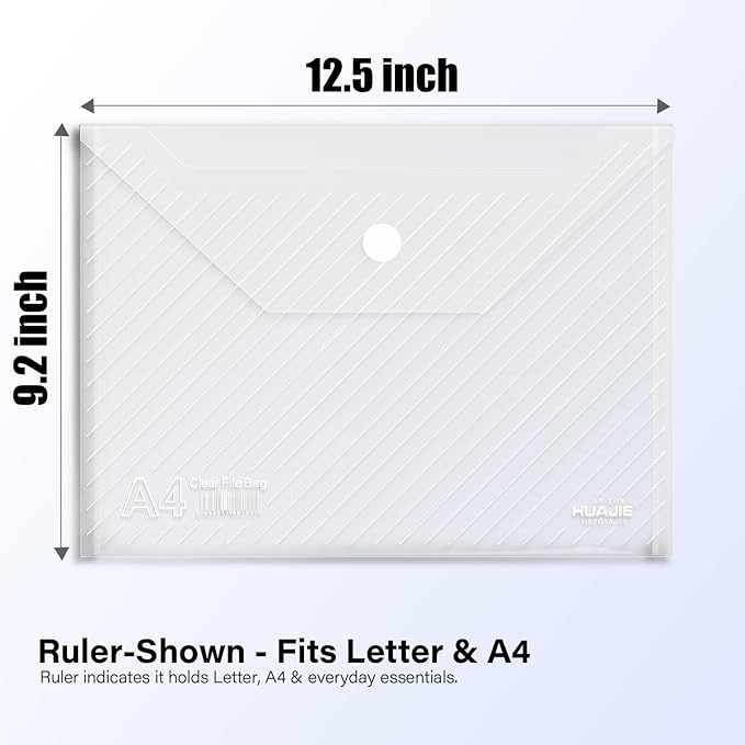 10 Pack, Plastic Envelopes – Transparent Waterproof Reusable File Folders for A4 Letter Sized Documents, Receipts, Photos & Office/School Use (10)