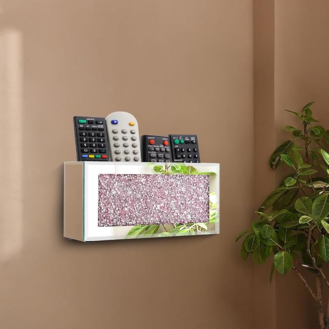 Pibeyer Mirrored Remote Control Holder Wall Mount, Silver Crush Diamond Remote Organizer Wall, Decoration Storage Box for Living Room, Bedroom, Home Décor