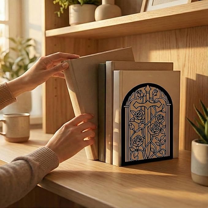 Bookends for Shelves, 2 Pcs Rose Flower Sword Design Book Ends Metal Decorative Bookends for Home Office and Library, Black