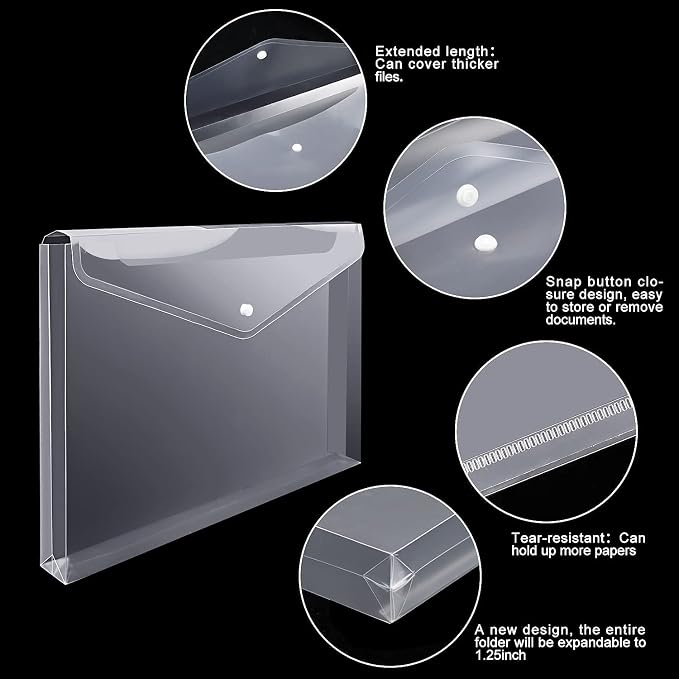 EOOUT 24pcs Clear Envelopes, Expandable Folders for Documents and Waterproof Folders with Snap Closure, A4 Size Letter Size, for School and Office Supplies