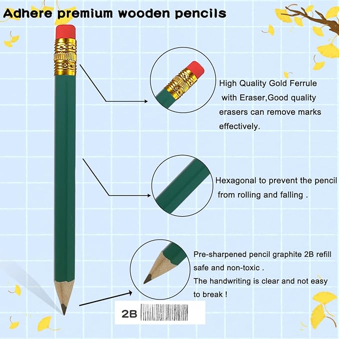 Adhere 50pcs Golf Pencils with Eraser Hexagon Wooden half Pencils Graphite 2B for Golf Event Scoring, Classroom, Wedding, Pew, Pocket | Free Pencil Sharpener (Green・Hexagon・50pcs)