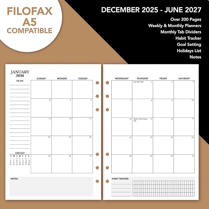 WANDERINGS A5 Leather Binder Planner - Refillable 6 Ring Journal with Inner Pockets - Hand-Crafted Genuine Leather Organizer- Filofax Compatible. 2026/27 Monthly Weekly Calendar with Notes - 6"x8.5"