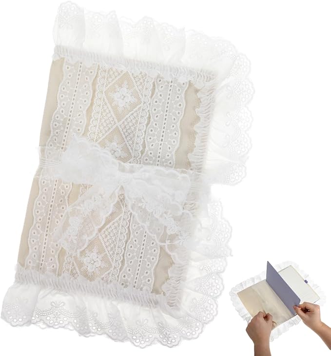 Tofficu Fabric Book Cover with Lace Trim and Bow, A5 (5.9 x 8.3'') Vintage Cloth Book Sleeve Protector for Paperbacks, Notebooks, Bible and Planners, Aesthetic Reusable Wrap for Reading Lovers, Beige