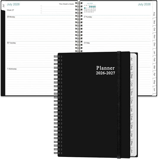 2026-2027 Planner - Planner 2026-2027 from July 2026 - June 2027, Weekly & Monthly Planner Spiral Bound with 12 Monthly Tabs, Inner Pocket, 6.4" x 8.5", Black-E