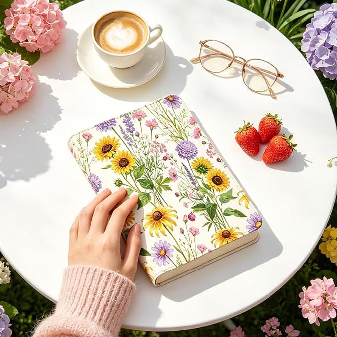 Wildflowers Patern Stretchable Book Cover 15.7"x9.8", Elastic Washable Book Protector for Hardcover Textbooks Paperbacks, Reusable Polyester Book Sleeve for Women