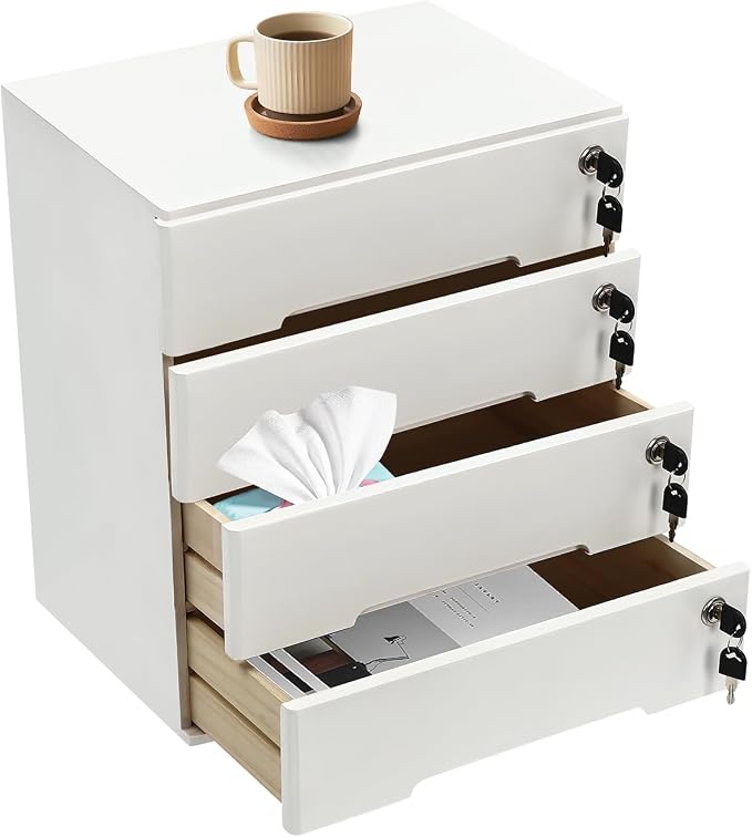 4-Tier Desk Organizer with Lockable Drawers, 4 pairs of Keys, Wooden Desktop Storage Box, Categorized Storage Desktop File Cabinet(White)