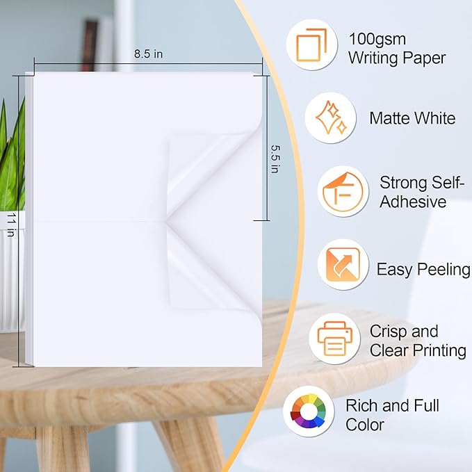 Printable Sticker Paper for Inkjet Printer, 40 Sheets 5.5x8.5 Matte Sticker Printer Paper Full Sheet Labels, 2 Per Page Sticker Paper for Laser/Inkjet Printers, Letter Size