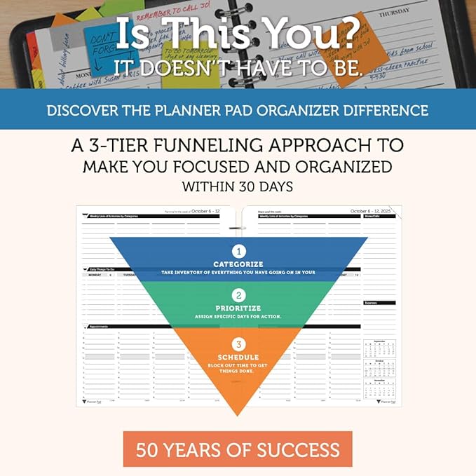 Planner Pad 7 Hole Loose Leaf 3-Tier Funnel Down 12 Month Organizer, October 2025 – September 2026, 6 3/4" x 8 1/2"