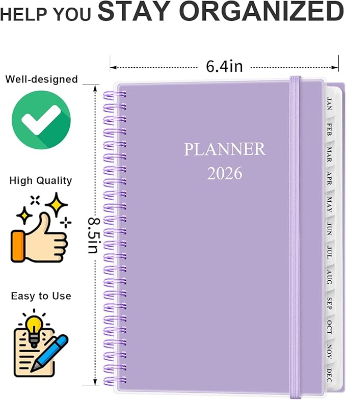 Planner 2026 - Weekly & Monthly Planner from January 2026 to December 2026, Agenda 2026 with Inner Pocket, Elastic Band, 6.4" x 8.5", Purple