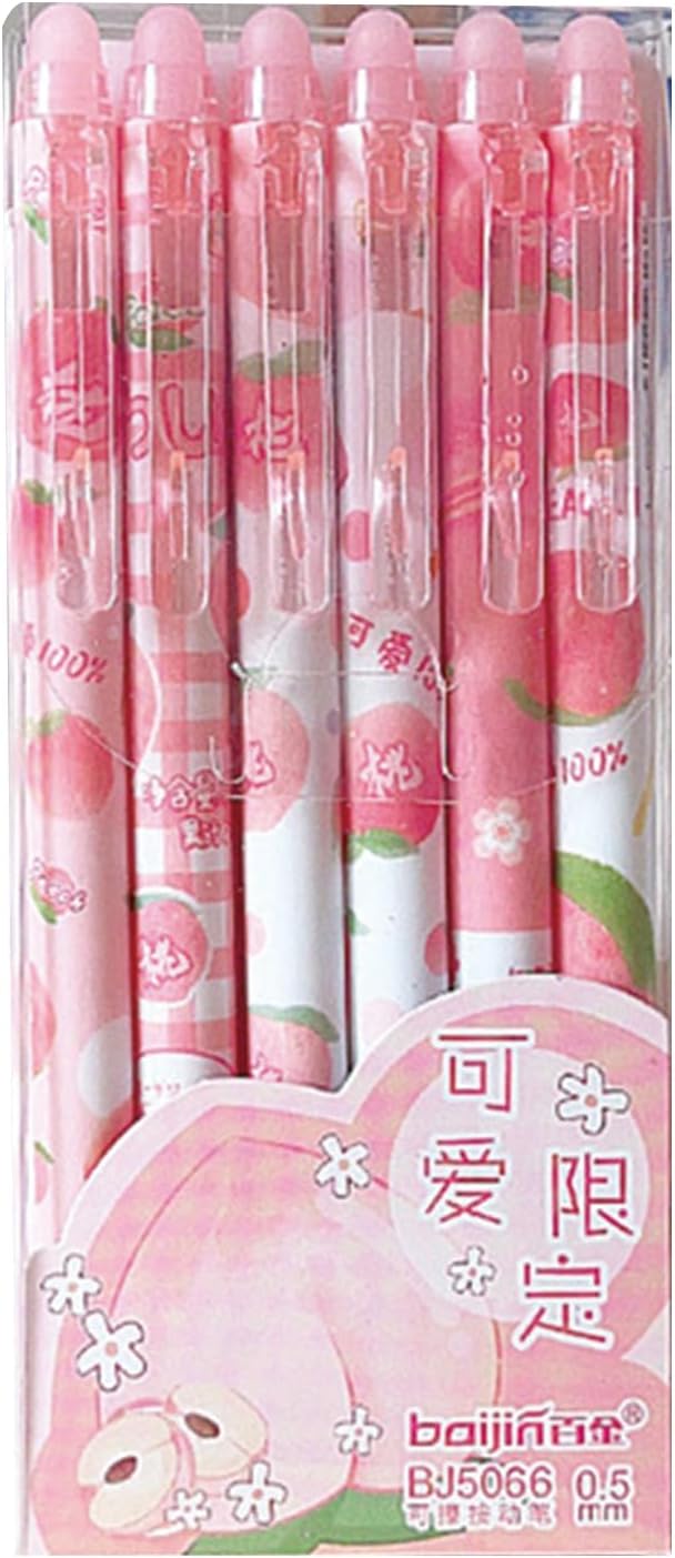 MOZXIRZ 6 Pcs Erasable Gel Ink Pens Retractable Pens Cute Flower Pen 0.5mm Fine Point Pen Office School Pens Women (Blue Ink-Peach)