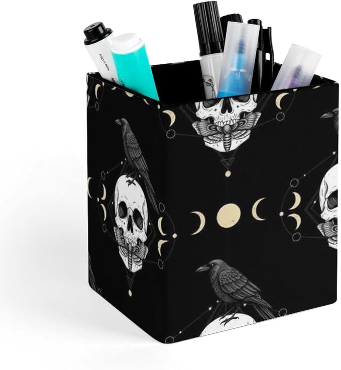 Men's Fashion Pencil Pen Holder Cup, Waterproof Office Supplies, Waterproof Multifunctional Office Supplies Black Raven Moon Skull