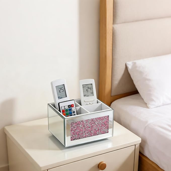 Pink 360 Rotating Remote Control Holder, Crushed Diamond TV Remote Controller Holder for Table, Desk Organizer for Pens and Pencils, Make Up Brushes, Remote Caddy Storage