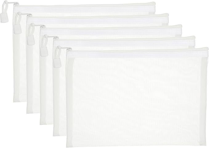 PATIKIL A5 Mesh Zipper Pouch Bags, 5 PCS Mesh Bags with Zipper Plastic Storage Pocket for Organizing File Beads Office Home Supplies, 18x25cm, White