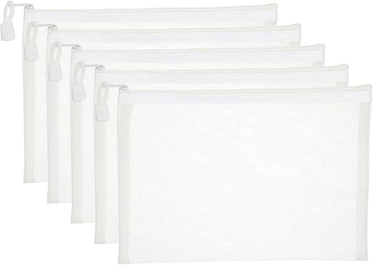 PATIKIL A5 Mesh Zipper Pouch Bags, 5 PCS Mesh Bags with Zipper Plastic Storage Pocket for Organizing File Beads Office Home Supplies, 18x25cm, White